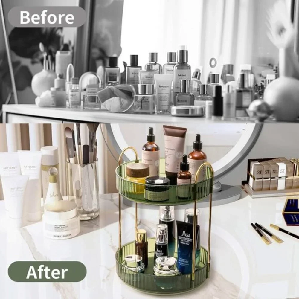 New 360° Rotating Makeup Organizer, 2-Tier Green Vanity & Skincare Storage Rack